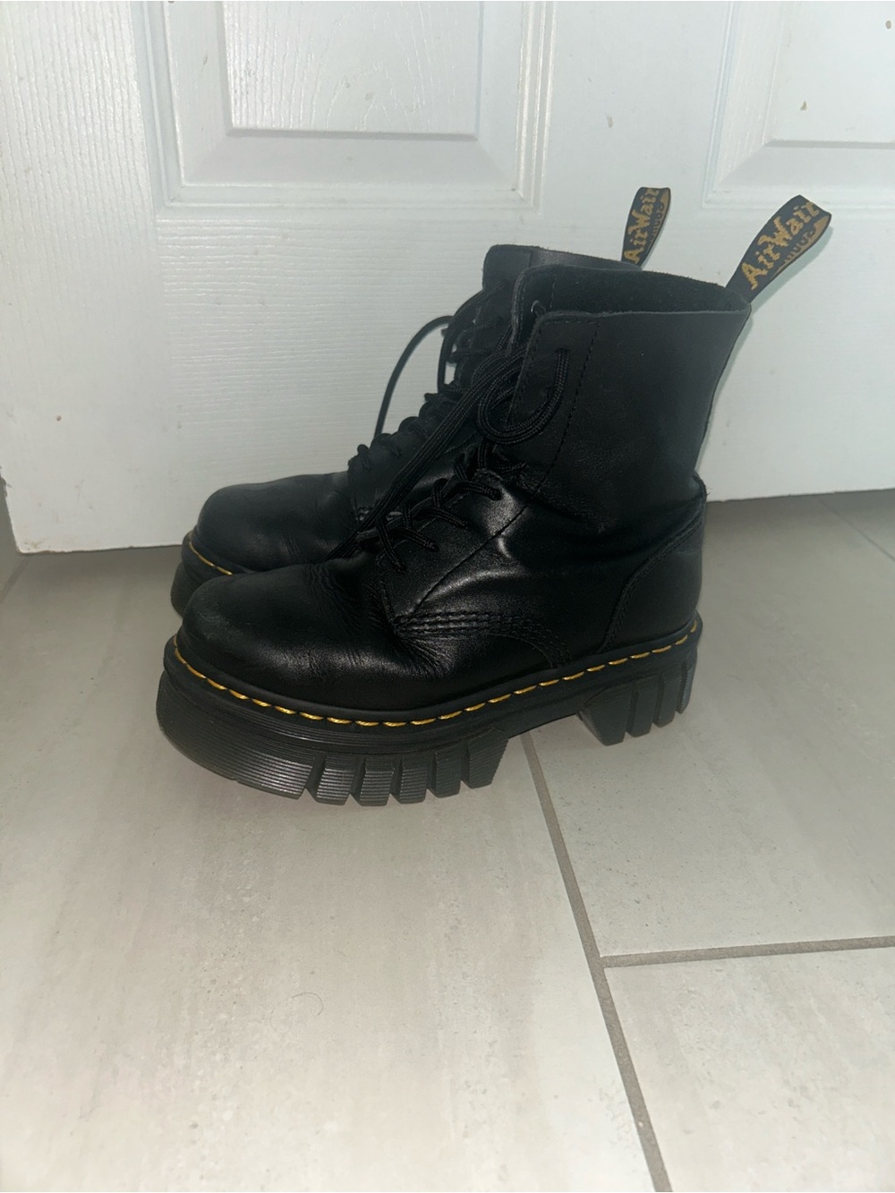 Dr. Martens Black Platform Lace-Up Boots with Yellow Welt